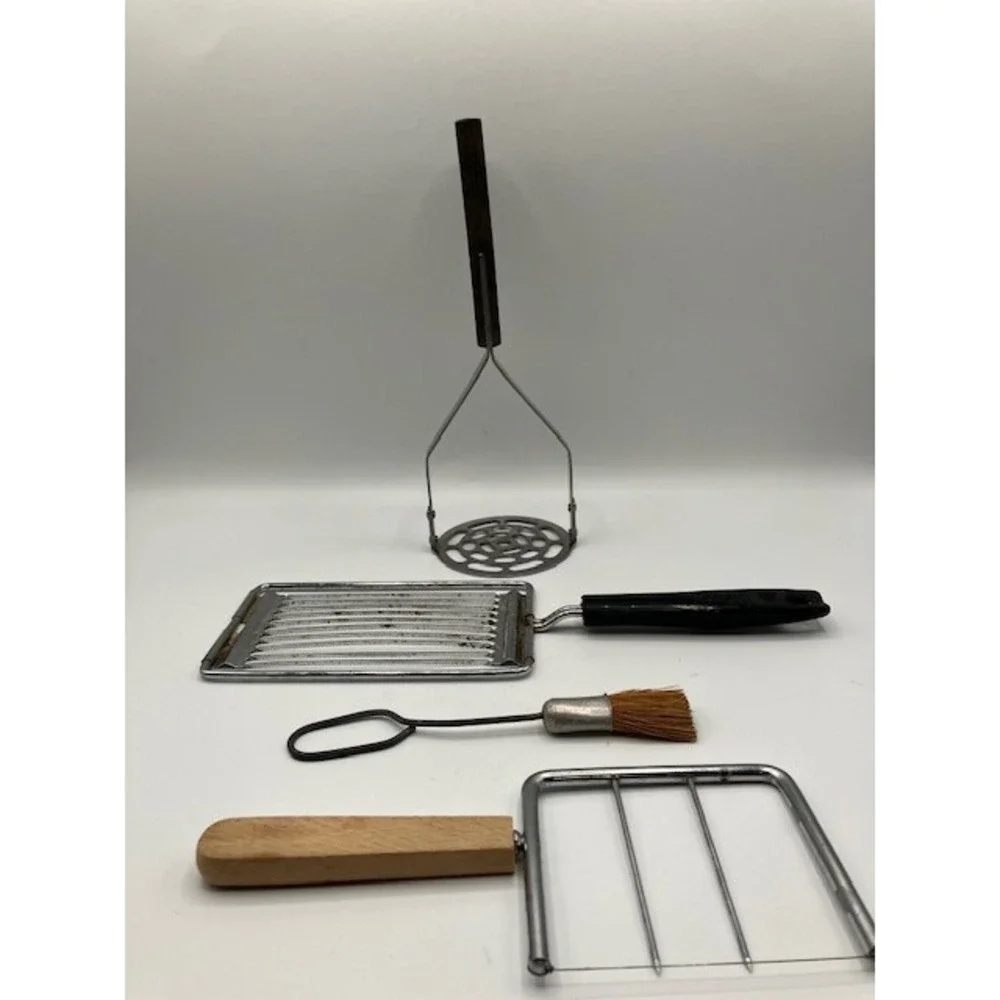 Four Vintage Kitche Utensils Pastry Brush Potato Masher Cheese & Tomato Slicers - Picture 1 of 5
